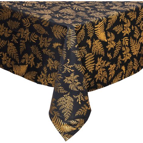 Nappe de Fêtes anti-taches Noir imprimé Feuilles dorées 140 x 360 cm - Feeric Christmas (1/3)
