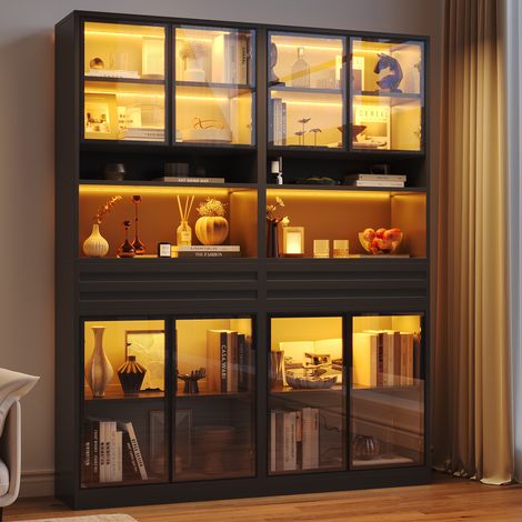 Set di 2 vetrine da soggiorno 160 x 35 x 200 cm libreria in mdf con 8 ante in vetro 2 cassetti e illuminazione led rgb controllata da app - nero (1/5)