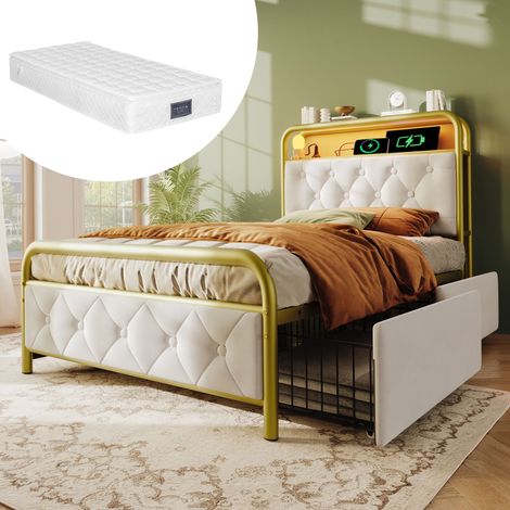Cama de metal de 90 x 200 cm, cabecero multifuncional con LED blanco, carga USB tipo C integrada y 2 cajones, ideal para adolescentes y adultos (colchón incluido). (1/5)
