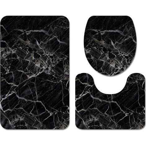 Badematten-Set, 3-teiliges Set für die Toilette, schwarze Marmor-Badematte – Größe 50 x 80 cm