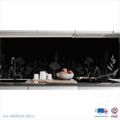 Crédence : Dessin et fleurs sauvages noires 1 - Couleur Gris platine - Alu composite - 60 - 120 (1/3)