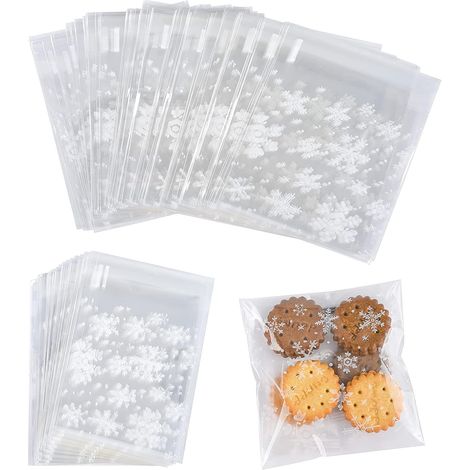 Lot de 100 sachets en cellophane transparents refermables en forme de flocon de neige avec fermeture adhésive pour boulangerie, biscuits, bonbons, desserts, 10 x10 cm (1/4)