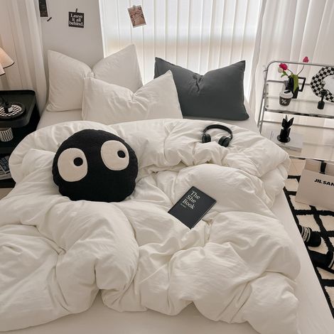 Ultra-weiche Bettwäsche aus gewaschener Baumwolle - Flaches Laken-Design, 4-teiliges Bettwäsche-Set für 180x220 cm Bett, Cremeweiß, Ideal für Studentenwohnheim und Jugendherberge-lsw