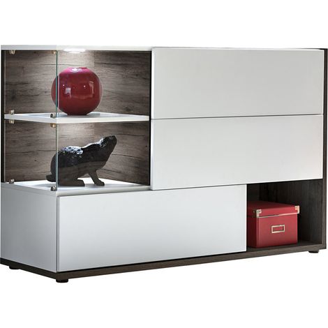 Aparador de salon 3 puertas con LED  Aparador de cocina  Mueble de salon  120x77x40cm  Modelo Odin  Blanco y Gris Sidney mate