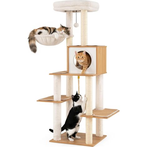 COSTWAY Albero per Gatti Moderno 148cm, Tiragraffi Sisal, Condo, Trespolo, Cuscini Lavabili (1/5)