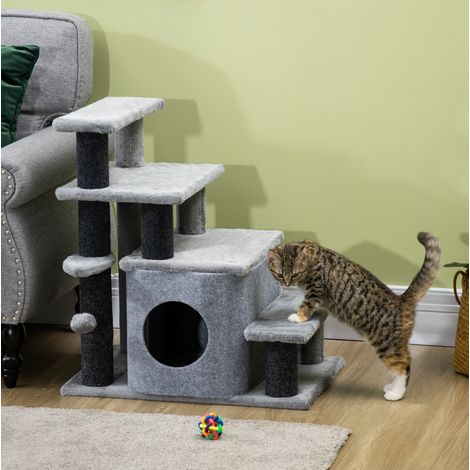 Árbol rascador para gatos de 3/4 niveles con nicho y bola, gris DESVIAE (1/5)