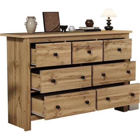 Sideboard mit 7 Schubladen und Verstellbarem Mittelfuß für Esszimmer oder Flur aus Spanplatte 152 × 40 × 89 cm Holzfarbe (1/5)