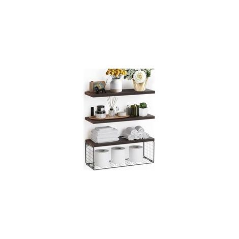 Schwebende Holzregale mit Metallkorb, Wandregal, Gewürzregal, Hängeregal für Badezimmer, Schlafzimmer, Wohnzimmer, Waschküche (Braun, 3er-Set)