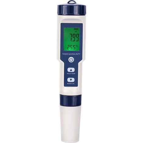 Medidor digital de agua, pH, TDS, EC, temperatura, salinidad, pantalla LCD retroiluminada, para acuarios, piscinas y estanques. (1/5)