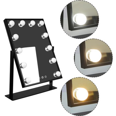 Aqrau Miroir de Maquillage avec lumières,avec 3 Couleurs de lumière et 12 Ampoules LED à intensité Variable, écran tactile, Noir (1/5)