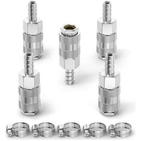 5 Pièces - Raccord Rapide - Coupleur Pneumatique - Fer Nickelé Débit Élevé Pour Compresseur Outil Garage 6mm Argent (1/5)