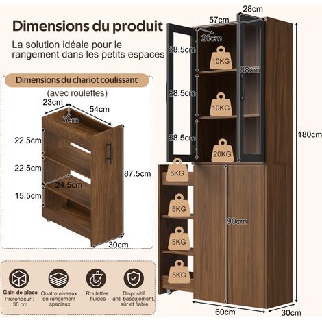 Meuble colonne de cuisine étroit en MDF avec portes vitrées et chariot coulissant à roulettes (1/5)