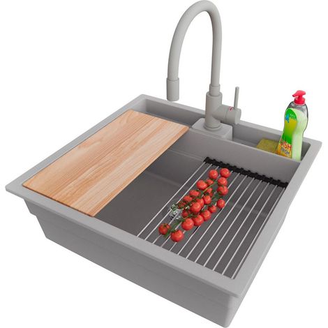 PRIMAGRAN Evier Cuisine en Granit 56x54cm,Lavabo 1 bac + Robinet 38x14cm + Kit de Vidage + Accessoires, Évier à Encastrer au meuble 60cm - Bergen Pocket, Gris (1/5)