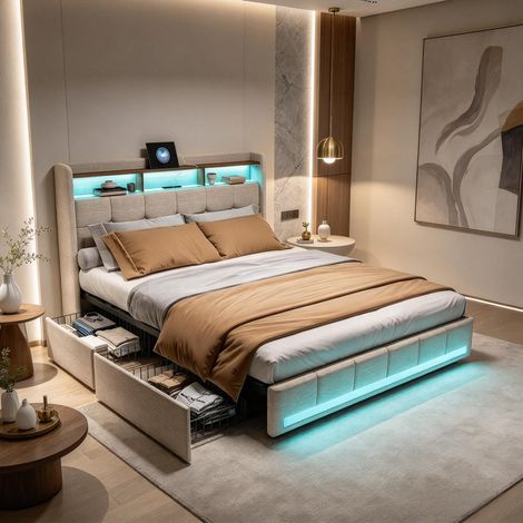 FOERPL-Doppelbett 140x200 mit 4 Schubladen und Stauraum, Bett mit Stauraum 140x200 mit LED-Beleuchtung und USB-Anschluss, Polsterbett 140x200 mit Lattenrost und Kopfteil, Bettgestell für 2 Personen