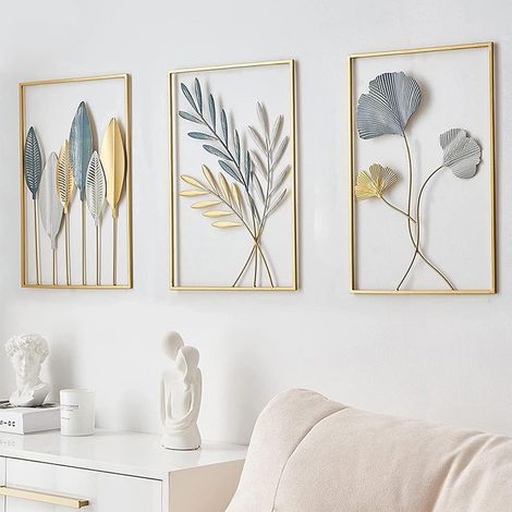 Lot de 3 Tableaux Suspension Murale Feuillage Cadre en Métal Doré Moderne (1/5)