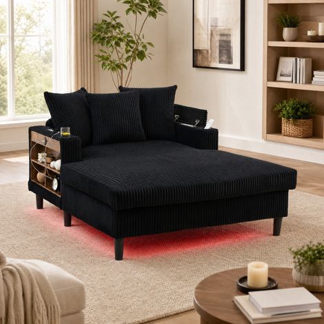 Chaise longue in velluto a coste nero 129x170x70 cm con LED, porta USB, vano contenitore e portabicchieri (1/5)