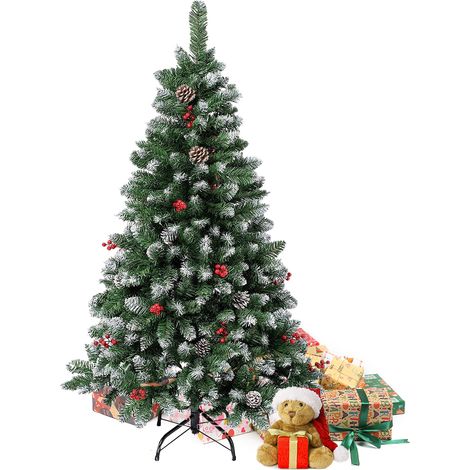 Sapin de Noël Artificiel 210cm Blanc Neige avec Decoration Baies Rouges et Pommes de Pin 950 Branches PVC Sapin Élégant Prêt à Briller pour Fête de Noël (1/5)