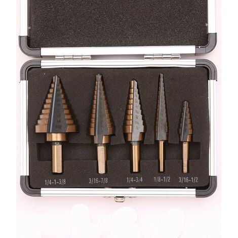 Lot de 5 Foret Étagé, Foret Fraise Meche Etage avec Revêtement Titane pour Acier Bois Plastique Laiton Aluminium PVC Foret de Coupe Conique à Double Fente Revêtu (1/5)