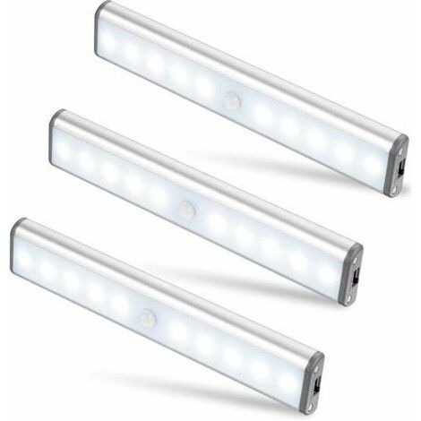 Drei kabellose, per USB aufladbare Schrankleuchten mit je 10 LEDs, magnetischem Bewegungsmelder, zwei Beleuchtungsmodi und tragbarer Konstruktion. Ideal als Schrankbeleuchtung, Notbeleuchtung oder Nac