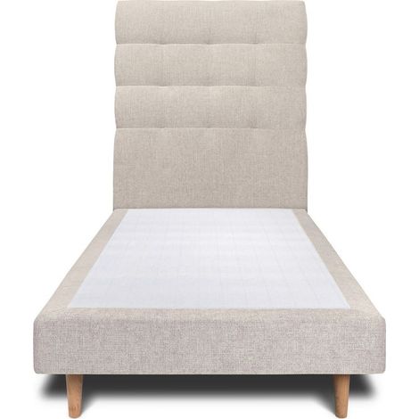 Lit 90x200cm avec tête de lit capitonnée tissu et sommier tapissier Beige clair - Hauteur totale : 29cm (1/4)