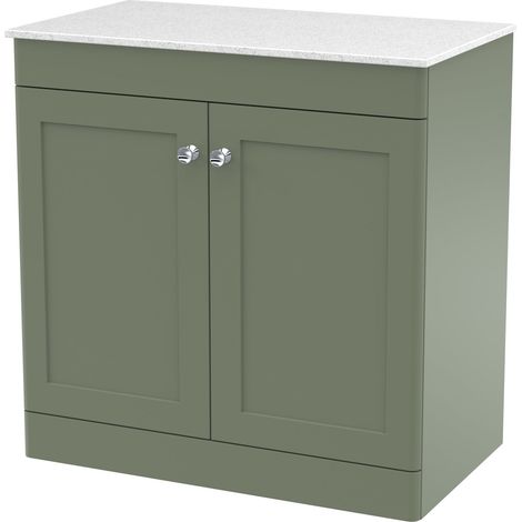 Nuie Classique Floor Standing 2-Door Vanity Unit with White Marble Worktop 800mm Wide - Satin Green (1/2)