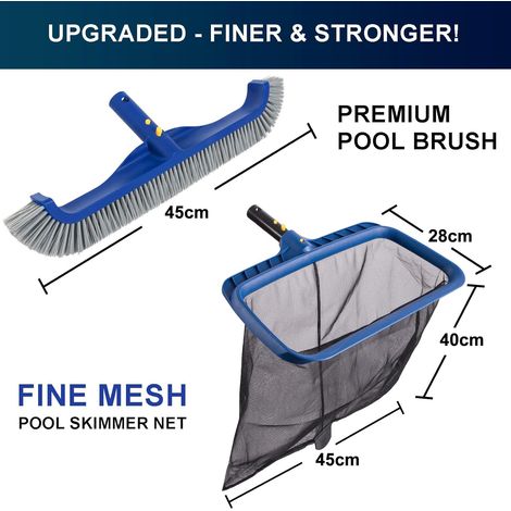 POOLAZA Kit de nettoyage de piscine, filet de skimmer de piscine à mailles fines & brosse de piscine de 45 cm, skimmer de piscine à cadre stable & tête de brosse de piscine professionnelle pour (1/4)