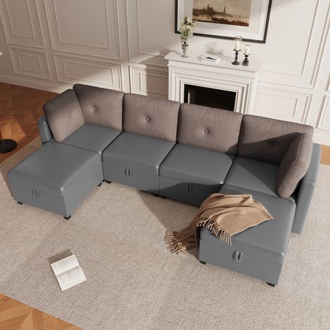 Canapé modulable 6 modules gris en velours côtelé avec méridienne et rangement, Canapé convertible en canapé d’angle, lit d’appoint ou fauteuil (1/5)