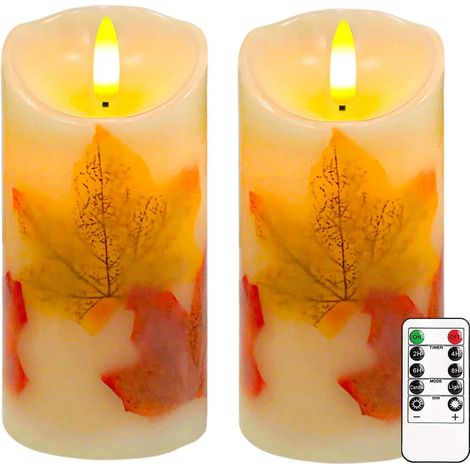 Set di 2 candele a colonna a LED senza fiamma con design a foglia d'acero da 15x7,5 cm, dotate di telecomando e timer, dimmerabili e alimentate a batteria. Ideali come candele autunnali per il Giorno 