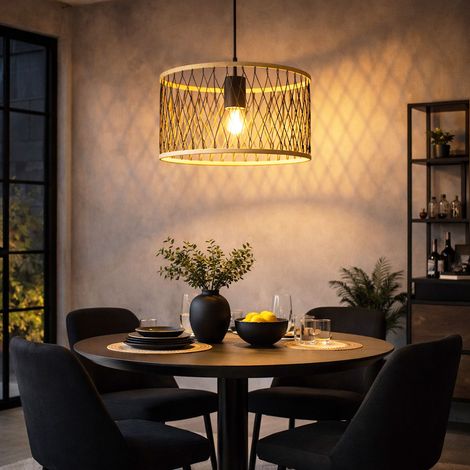 LED Pendelleuchte Esstischlampe Hängelampe Boho Wohnzimmerlampe schwarz Bambus, Metall, naturfarben, 1x E27 LED warmweiß, DxH 35x150 cm