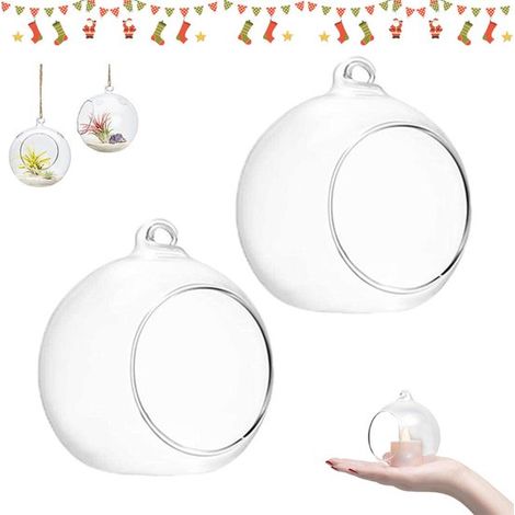 Lot de 2 boules de Noël transparentes en acrylique, creuses, de 9 cm de diamètre. Décoration de Noël avec fleurs préservées. Idéales pour décorer la maison, le bureau ou pour un mariage. (1/5)