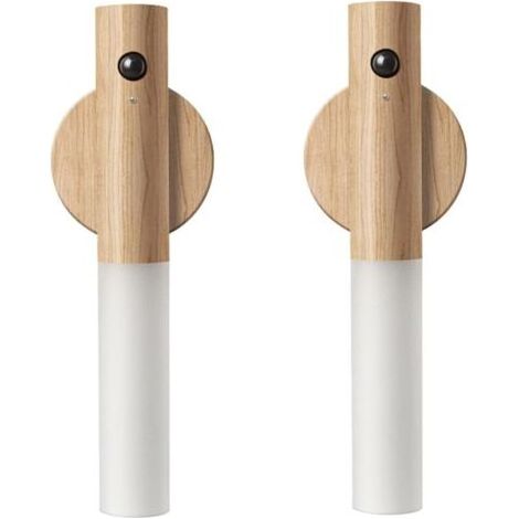Veilleuse à détecteur de mouvement en bois, éclairage de couloir magnétique, applique murale LED rechargeable, escalier portable, chambre à coucher, alimentée par batterie (bois de frêne blanc, 2 pièc (1/5)