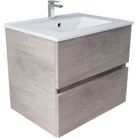 Meuble salle de bain suspendu 60 cm ROSALY INOX- Bois- Plan vasque en Céramique