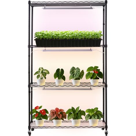 VEVOR Pflanzenregal mit Wachstumslicht 90x35x150 cm, 4-stufiger Pflanzenständer, Pflanzenregal mit Rädern, 90 W 3-farbige Vollspektrum-Lichter, Blumenregal aus Metall für Samenkeimung (1/5)