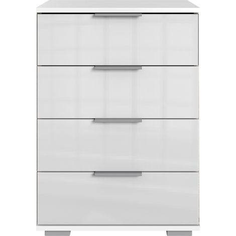 Schlafzimmer Nachttisch Nachtschrank, auch für Boxspringbett geeignet, in weiß mit weißem Glas ELSTRA-43, B/H/T ca. 52/74/38 cm
