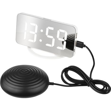 Réveil Miroir Vibrant Blanc ABS avec Secoueur de Lit, Double Port USB, Écran Lumineux Ajustable et Mode Snooze pour Dormeurs Lourds (1/5)