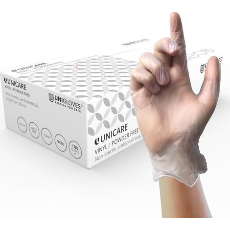 Unigloves Unicare Vinyl Gants jetables, sans poudre, sans latex, poids moyen, boîte de 100 gants, transparents, taille S (GS0062)