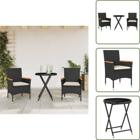 The Living Store 3-tlg. Bistro-Set mit Kissen Schwarz Poly Rattan und Glas - Gartentisch - Esstisch - Bistroset - Outdoor Möbel - Gartenmöbel (1/5)