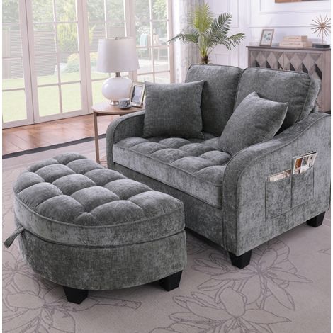 Sofá convertible 2 en 1 132 x 129 x 93 cm con puff de almacenaje, gris oscuro DESVIAE (1/5)