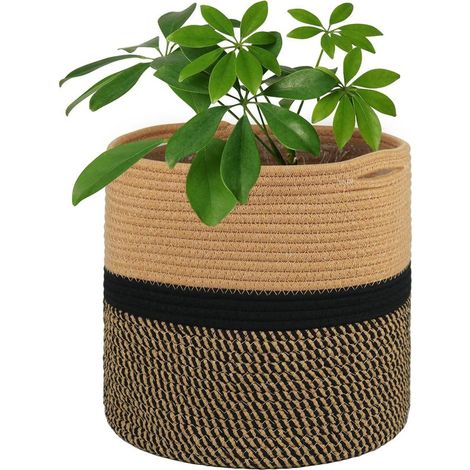 Well 30cm Blumentopf für Zimmerpflanzen mit Innenfutter, Aufbewahrungskorb aus gewebter Baumwolle, große Töpfe für Zimmerpflanzen und Heimdekoration (Schwarzbraun) (1/5)