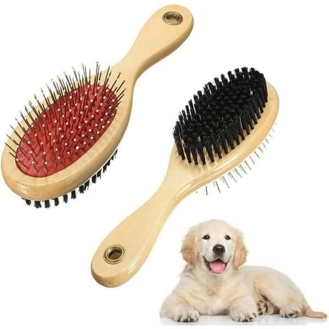 Brosse en bois pour chiens, brosse double face pour poils d'animaux, brosse à poils durs et brosse douce, peigne et brosse pour chiens, outil de soin pour poils longs ou courts (1/5)