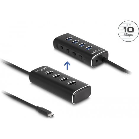 Delock Concentrador USB 10 Gbps de 4 puertos con conector USB Type-Câ¢ Cable de 60 cm e interruptor para cada puerto
