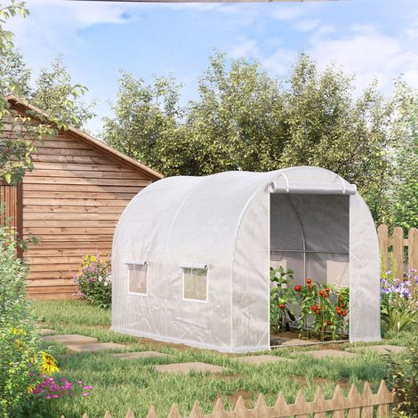 Outsunny Serre de Jardin Tunnel 6 m² 3L x 2l x 1.9H m Acier galvanisé renforcé diamètre 2.4 cm + PE Haute densité fenêtres Porte Blanc (1/5)