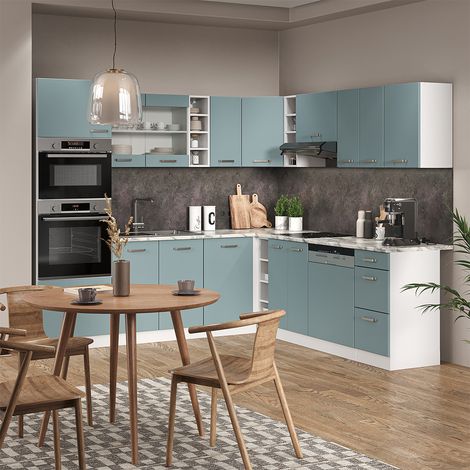 Cocina esquinera R-Line, Azul-gris-blanco, 237 x 247 cm , ET Antracita, Vicco