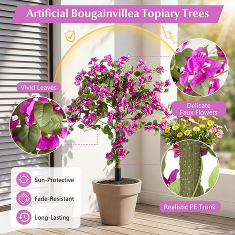 Lot de 2 bougainvilliers artificiels rouges avec troncs en PE et piquets de sol, branches flexibles pour terrasse, jardin et porche (1/5)