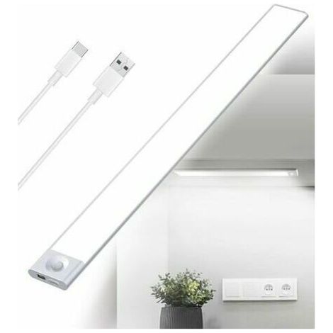 Réglette LED Cuisine Sous Meuble Rechargeable USB - 40 cm - 2500 mAh - Lampe Placard Détecteur de Mouvement - Barre LED Sans Fil Rechargeable - Lumière avec Capteur PIR à Pile pour Escalier Intérieur, (1/4)
