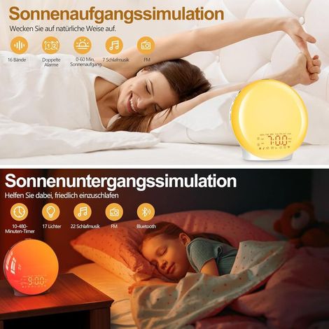 Bluetooth-Wecker mit Licht, beleuchtetem Radio, Nachttischlampe mit 20 Helligkeitsstufen, Sonnenaufgangs- und Sonnenuntergangssimulator, 2 Weckzeiten, 22 Naturgeräuschen, Schlummerfunktion, 17 Farben, (1/4)