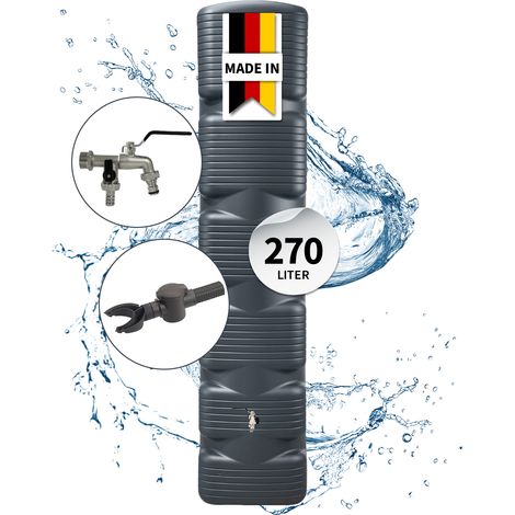 4rain QUADRO Regentonne Wandtank Komplett-Set 270 Liter, graphite grey inkl. Chrom-Doppelauslaufhahn und Fallrohranschluss (1/5)