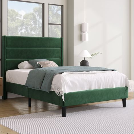 Letto imbottito moderno 90x200 cm in velluto verde scuro con testiera, rete a doghe e spazio sottoletto (1/5)