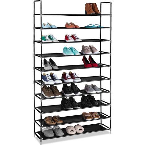 3 x Schuhregal XXL, 10 Ebenen, erweiterbare Schuhablage für 50 Paar Schuhe, Stoff, Metall, HBT 175,5x100x29 cm, schwarz
