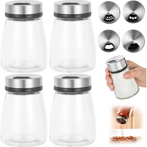 Lot de 4 pots à épices en verre transparent avec couvercle en acier inoxydable et trois ouvertures différentes pour les épices. Idéal pour la cuisine et les grillades. (1/5)